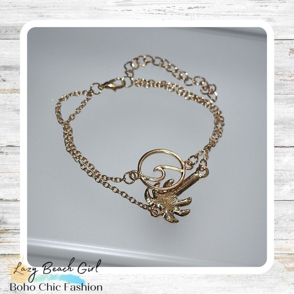 Layered Gold Wave & Palm Tree Bracelet